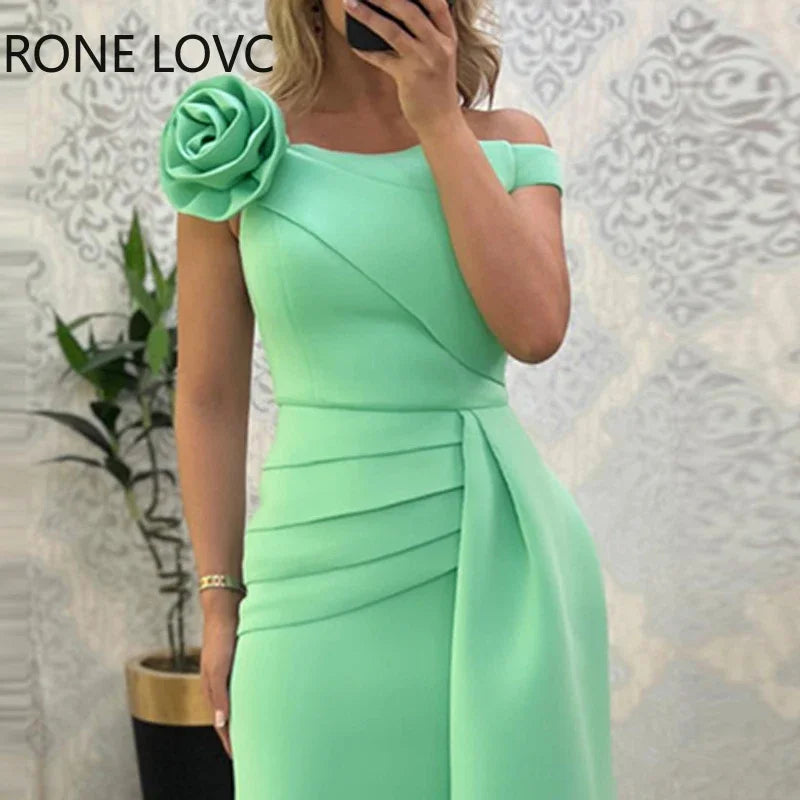 2023 Women Solid Elegant Off Shoulder Three Dimensional Floral Decor Midi Bodycon Formal Party Dresses