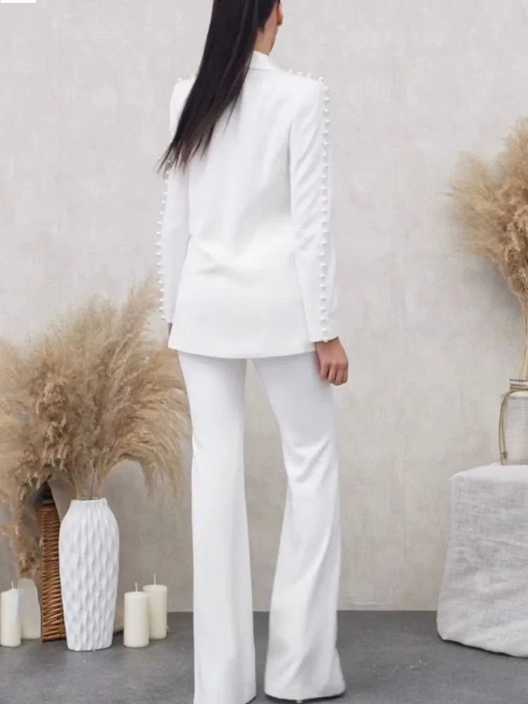 HIGH QUALITY New Fashion 2024 Designer Blazer Suit Set Women's Pearl Decoration Single Button Blazer Pants Suit