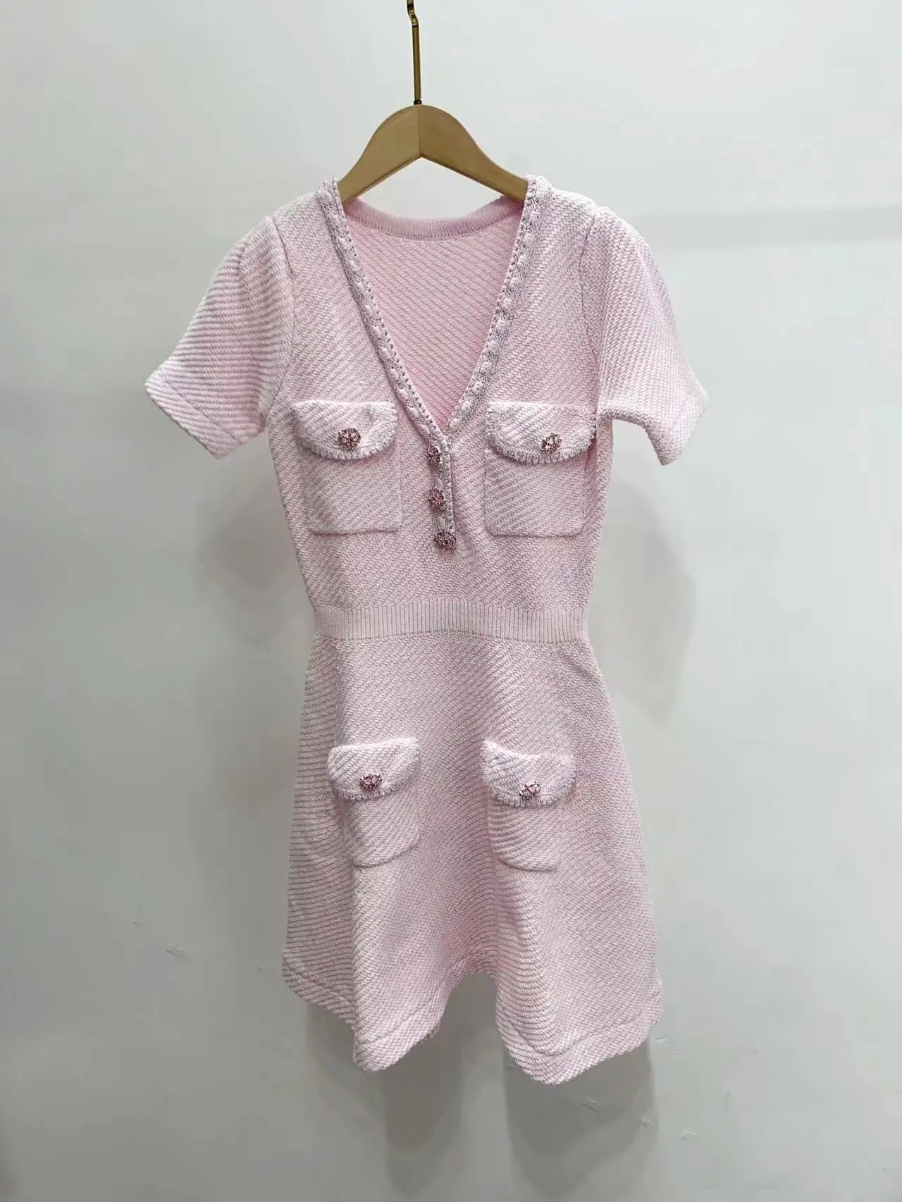 Women Knit Short Sleeve Pink Dress for Women Vintage V-neck Four Pocket Loose Dresses Diamonds Button Mini Vestidos