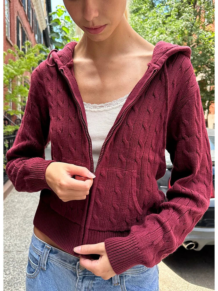 Cardigan tricoté torsadé à fermeture éclair pour femme, pull-over à capuche avec poches en coton, Streetwear, manteau, Vintage, doux, Slim, haut court, Y2k, automne