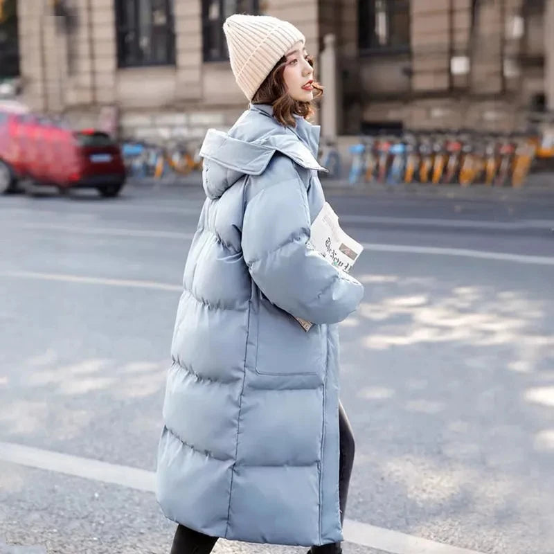 Chaqueta de algodón para mujer, ropa de invierno, Abrigo acolchado de algodón holgado coreano, abrigo largo informal, Parka gruesa y cálida con capucha 2023