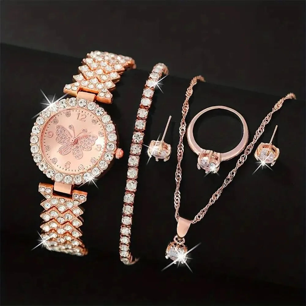 Conjunto de joyería de 6 uds., reloj de lujo de oro rosa, anillo para mujer, collar, pendiente, reloj de pulsera de moda con diamantes de imitación, relojes informales para mujer