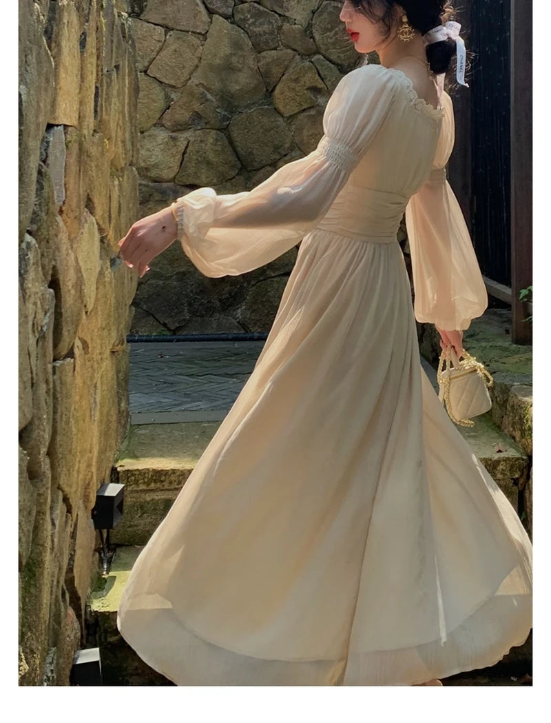 French Elegant Square Neck Chiffon Dress for Women 2023 Summer Evening Party Long Sleeve Female Dress Casual Fashion Midi Dress