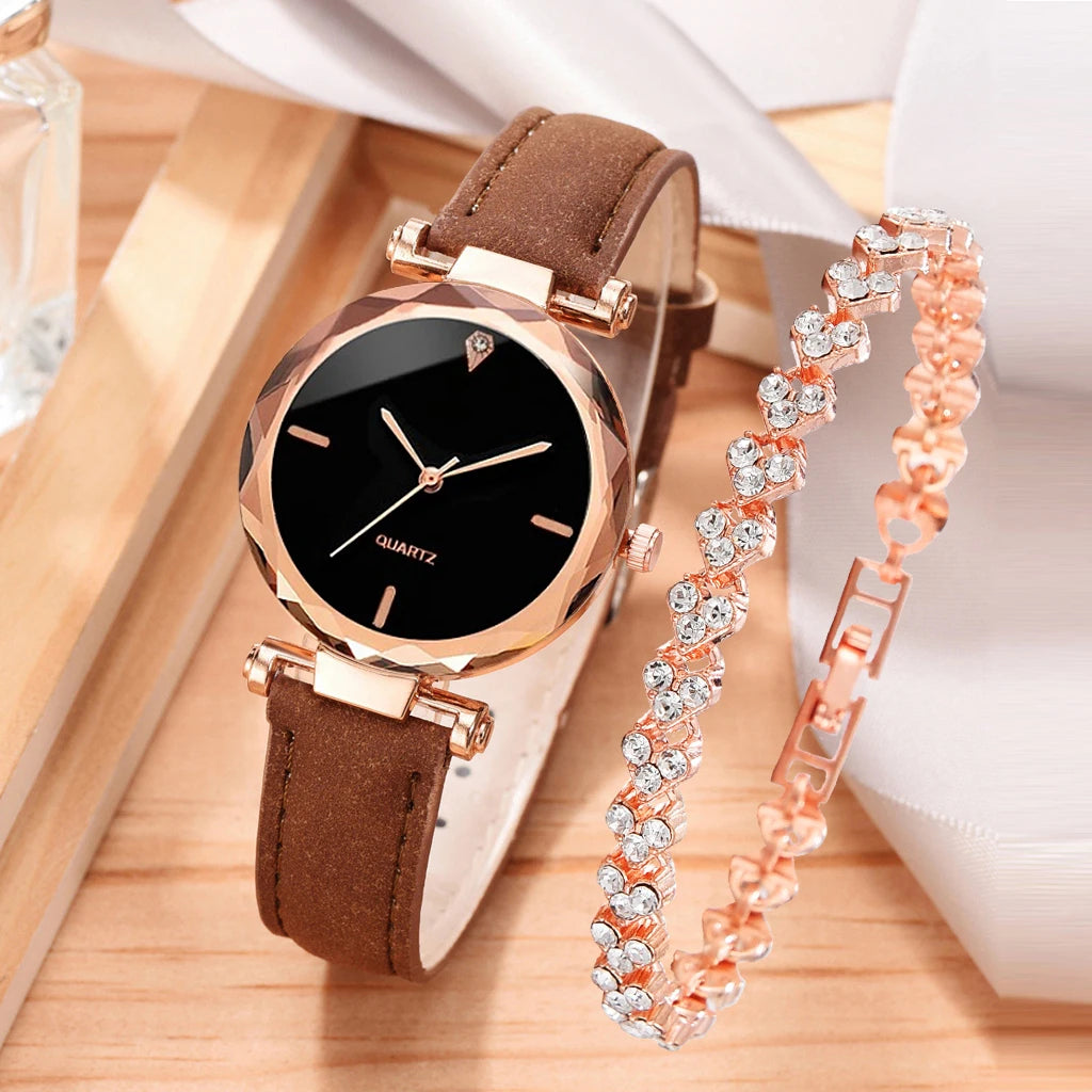 2pcs Luxury Fashion Women Watch Set PU Leather Strap Ladies Quartz Wristwatch Rhinestone RoseGold Alloy Bracelet for Ladies Gift