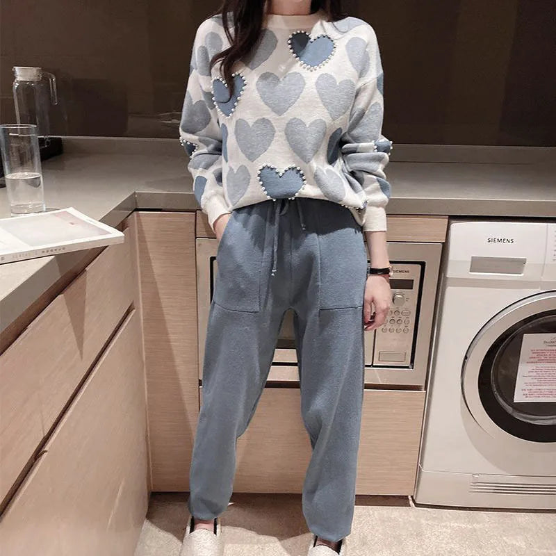 2024 Spring Autumn Women Casual Clothing Sets Pearls Love Heart Tops+Pants 2Pcs Suits Loose Tracksuit Ladies Fashion Outfits