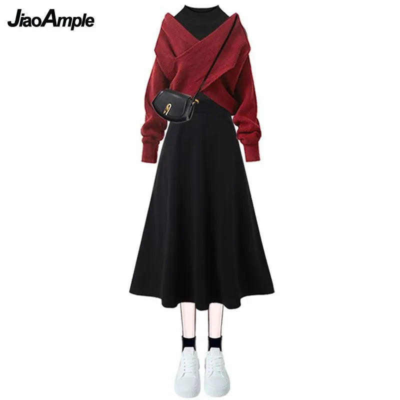 Conjunto a juego coreano elegante para mujer, suéter de punto cruzado a la moda, camisa inferior y vestido de tirantes, traje de tres piezas, otoño/invierno 2023