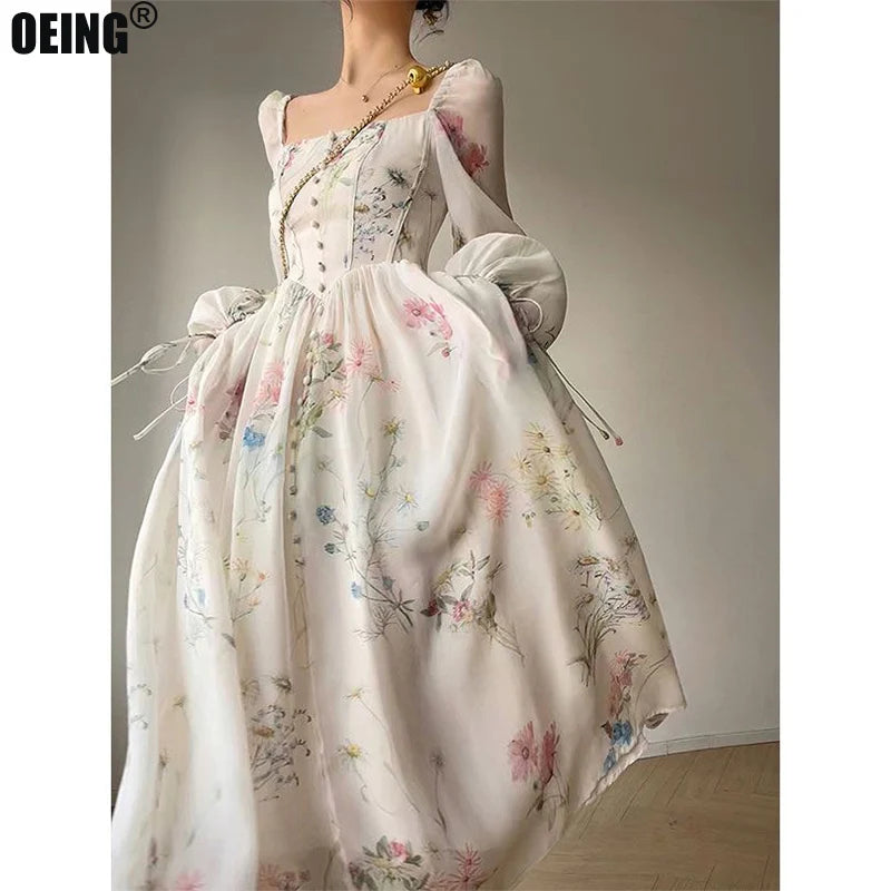 2023 Summer Korean Style Floral Evening Party Dresses Chiffon Long Sleeve Beach Midi Fairy Dress Vestidos De Ocasion Formales