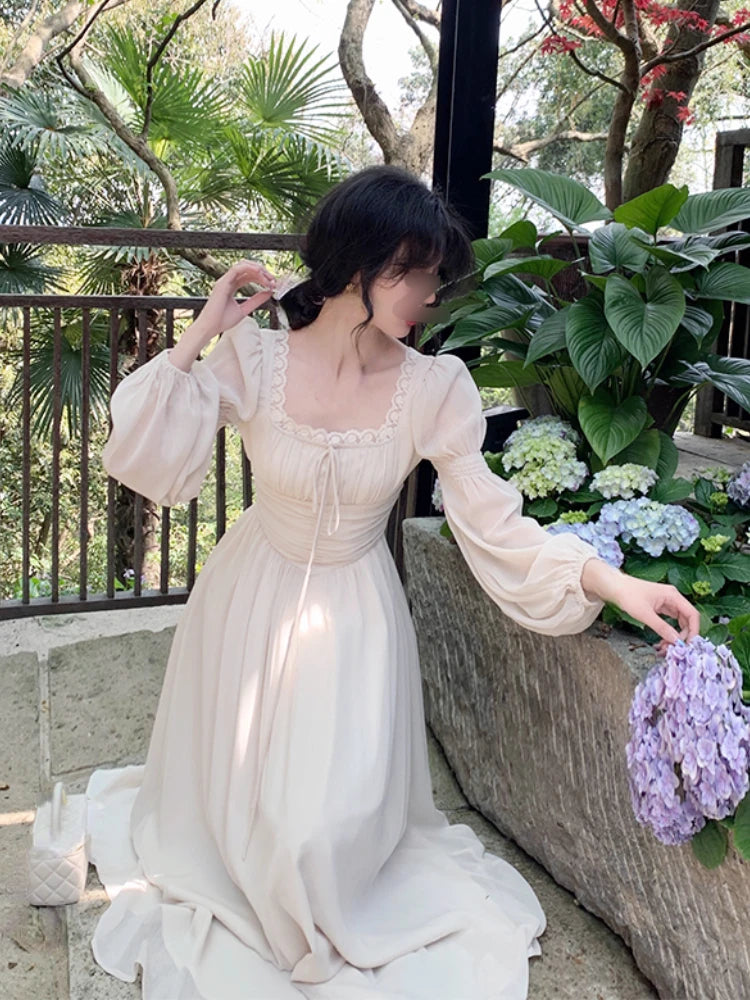 2023 Summer Elegant Fairy Midi Dress Women Causal Long Sleeve Vintage Party Dress Female Ruffles One Piece Dress Korean Chic Y2k