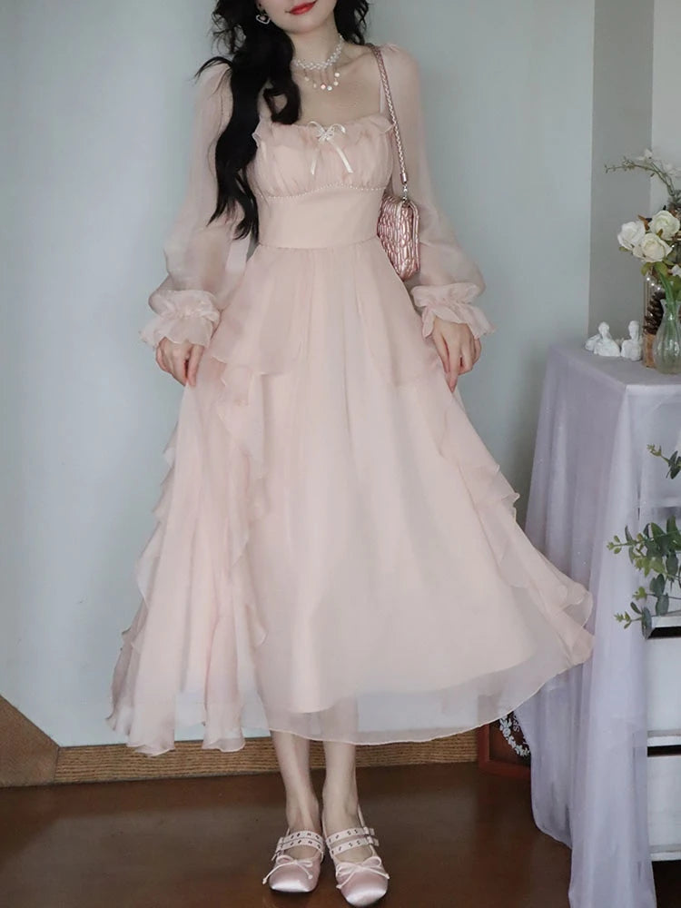 Robe féerique Vintage en mousseline de soie rose, Style coréen, tenue de soirée élégante, mi-longue, rétro, manches évasées, été, 2023