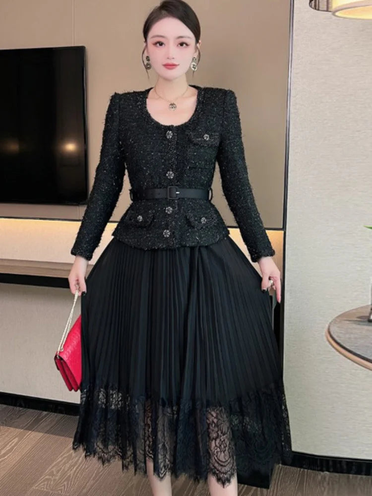 UCXQ – robe noire Vintage avec boutons et perles, col rond, avec ceinture, robes de soirée pour femmes, vêtements de fête de mariage, été 2023