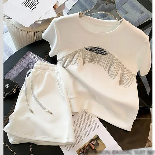 Casual Hollow tassel Shorts Two Piece Sets Women Round Neck Tshirt And Shorts Tracksuits Female Matching 2pcs Outfits clothing