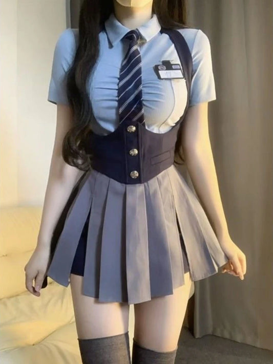 2023 Autumn College Style JK Uniform Set Slim Shirt with Striped Tie Y2K Girls High Waist A- Line Pleated Skirt Fashion Suit