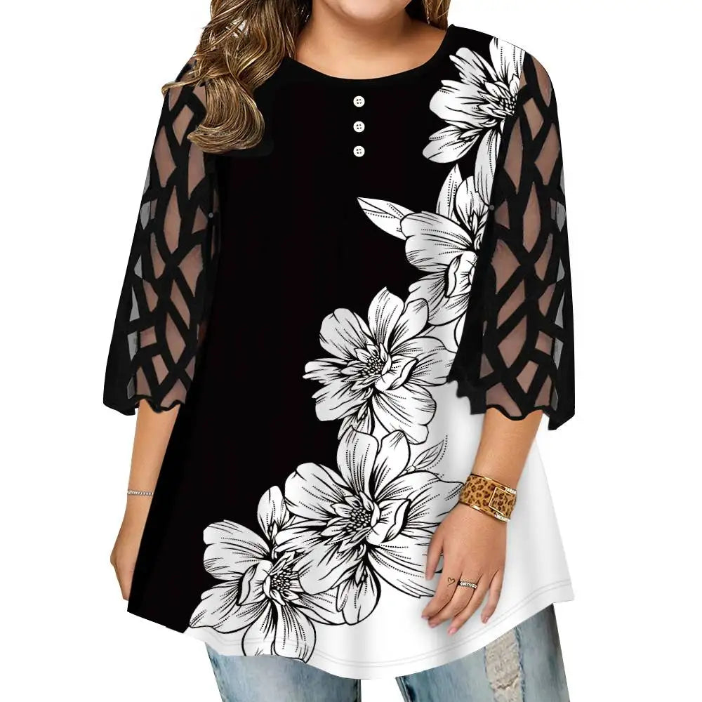 Women‘s Mesh 3/4 Sleeve Tunic Tops Ladies Casual Floral T-Shirt Blouse HIgh Quality Clothes Clothing For Female 2023 Plus Size