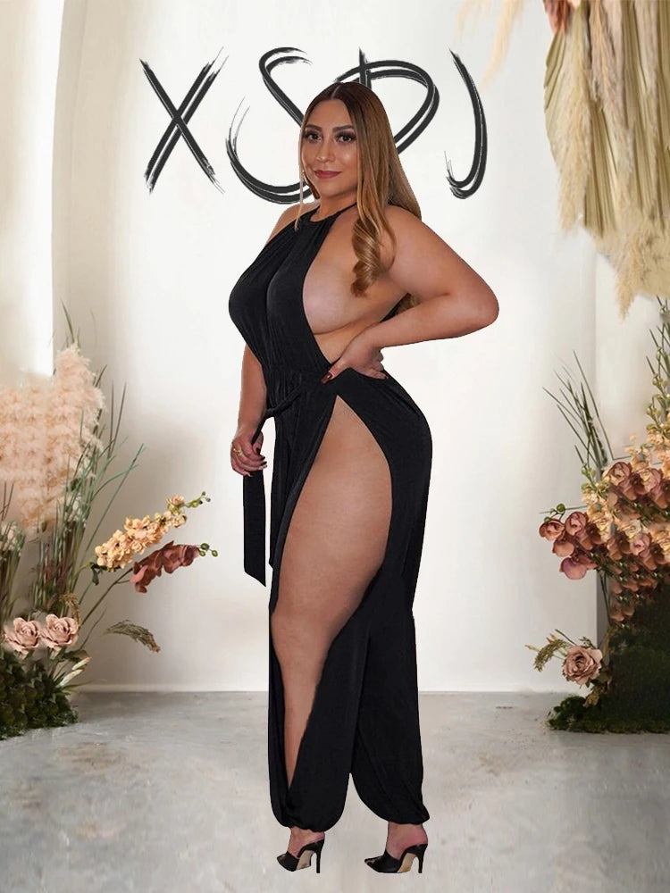 Elegant Woman Jumpsuit Long Halter Hollow Out Jumpsuit Mesh Summer Sexy Black One Piece Jumpsuit Plus Size Free Shipping