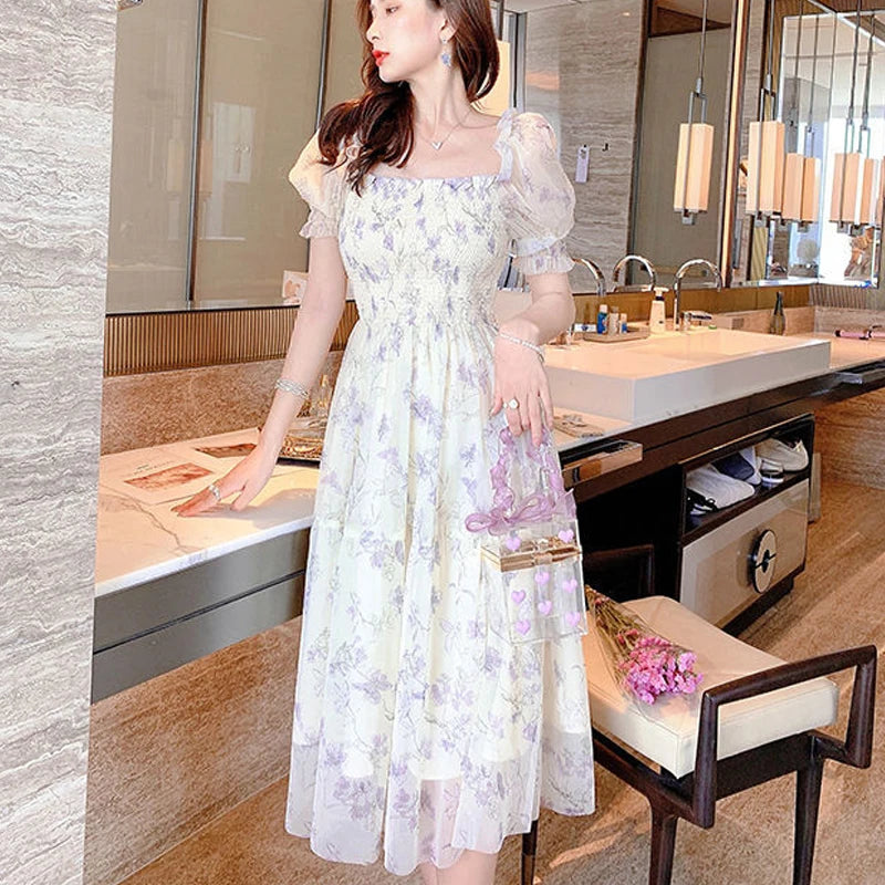 Summer White Chiffon Long Dress Casual Floral Party Dress Elegant Short Sleeve Fairy Dresses for Women Sweet Clothing 20044