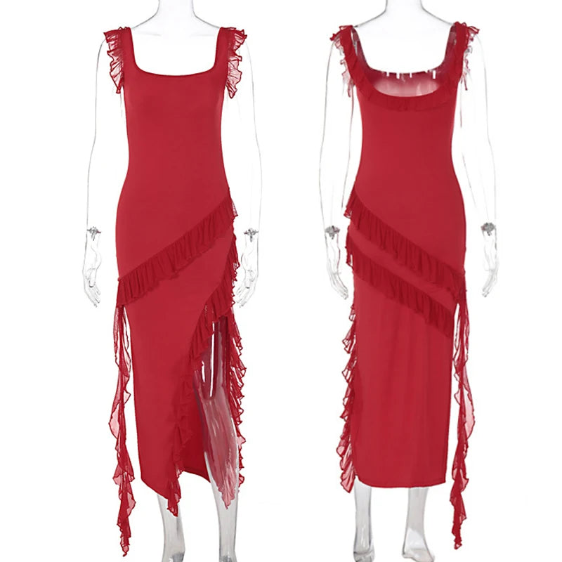 Giyu-vestido Sexy de verano con volantes para mujer, Vestidos elegantes para fiesta de noche y Club, Vestidos largos con abertura en rojo, negro y rojo 2023