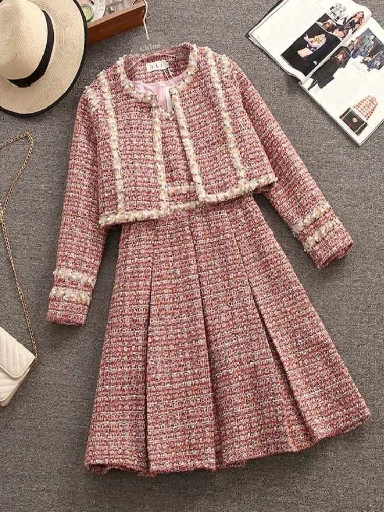 Women Formal Occasion Y2K Suit Pearl Jacke Coat And Dress Two Piece Set Luxury Outfit Winter Jacquard Tweed Fragrant Clothing