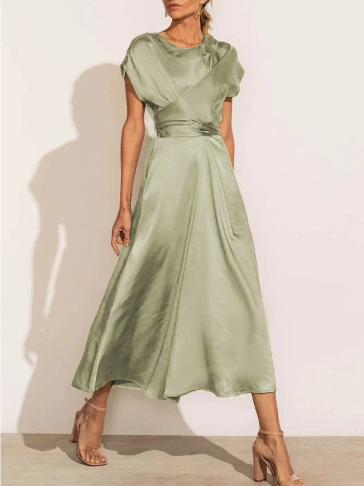 Summer Women's Dress Elegant Satin Silk Green Office Ladies Lace-up Midi Dress Chic Evening Party Dresses for Women 2024 New