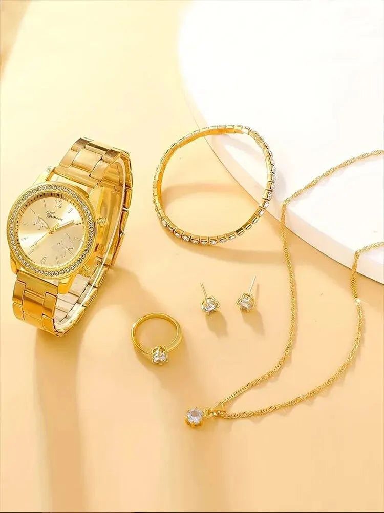 6 pièces de montre à bracelet en acier à Quartz pour femmes, collier + boucles d'oreilles + bague + bracelet, à la mode et polyvalent, incrusté de diamants et de strass