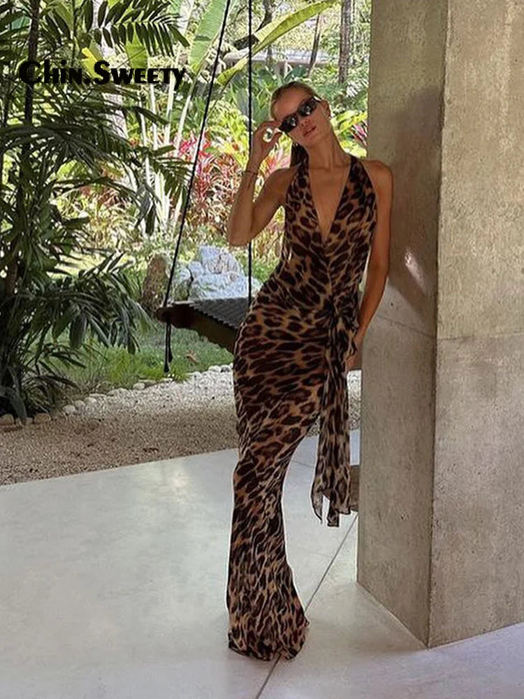 Elegant Leopard Halter Long Dresses For Women Sexy Soft Off Shoulder Bodycone Vestidos Female Casual Holiday Beach Party Robe