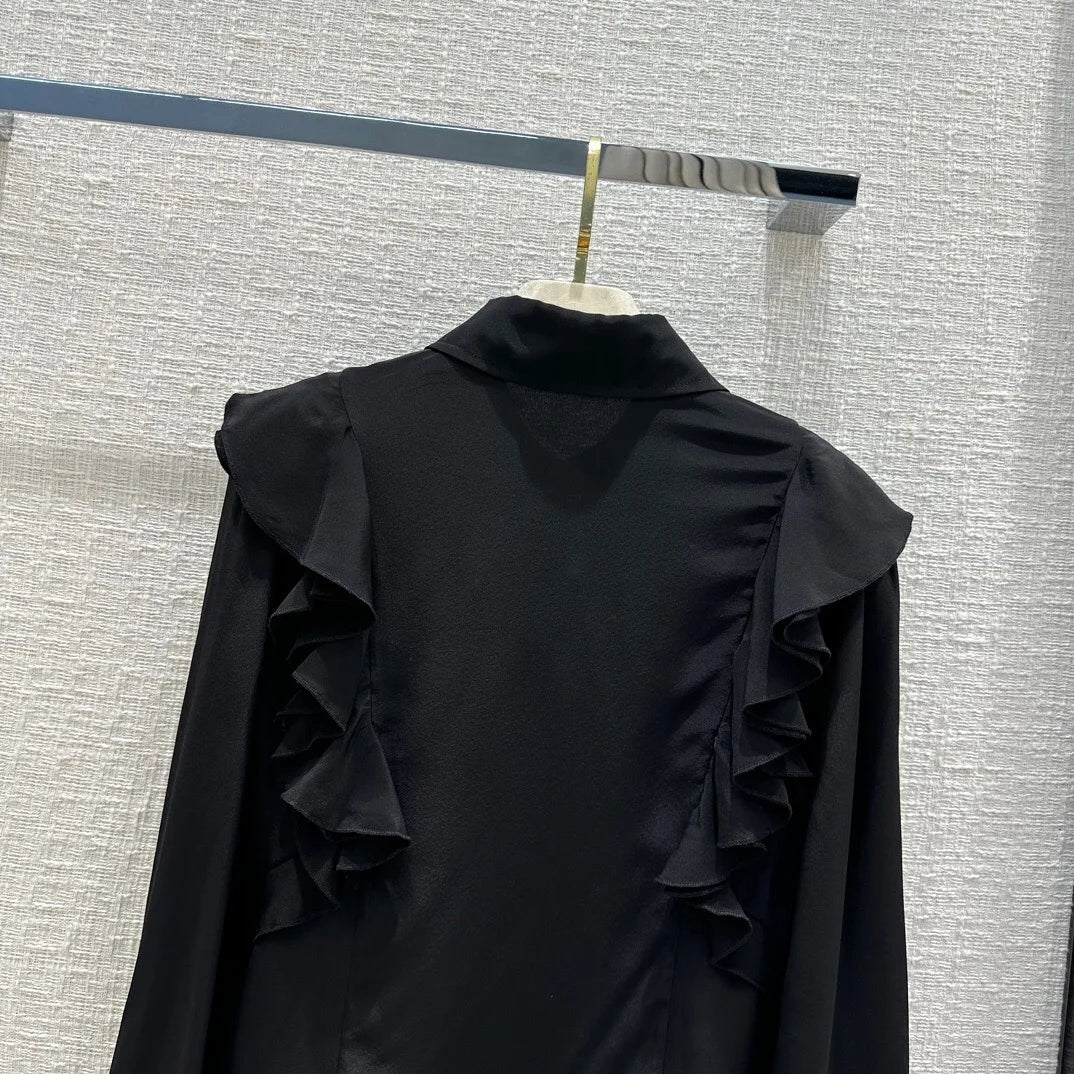 100% de seda elegante para oficina, ropa femenina con cuello vuelto, camisa negra con manga acampanada, blusa de mujer con volantes a la moda S-XL