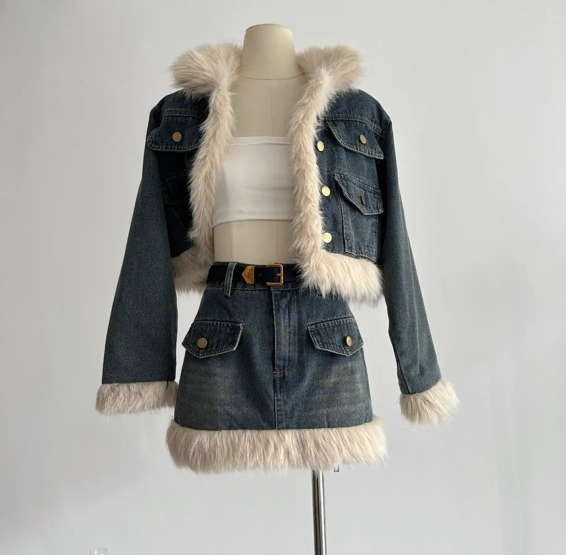 Otoño Invierno trajes de falda vaquera 2023 Denim patchwork Jeans abrigo mujeres High Sense High Street Sweet Cool conjuntos de dos piezas ropa