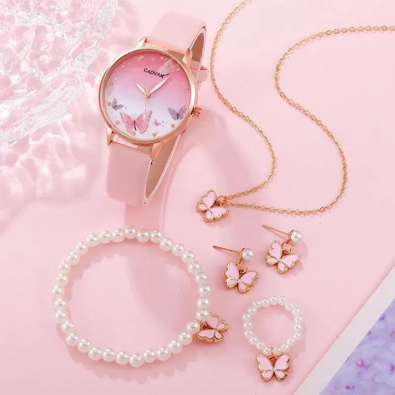 Conjunto de 6 uds. De reloj de cuarzo a la moda para mujer, reloj femenino con esfera de mariposa rosa, diseño de marca de lujo, reloj de pulsera de cuero para mujer