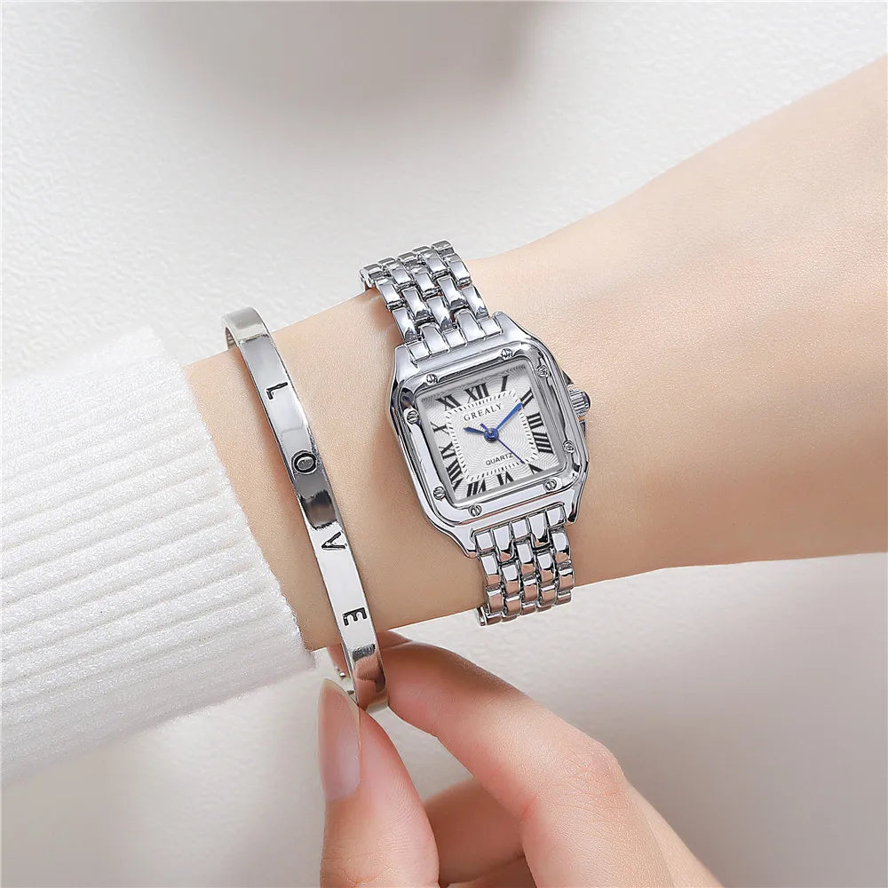 Montres carrées à Quartz pour femmes, bracelet en alliage d'or, de luxe, qualité féminine, échelle romaine, 2023