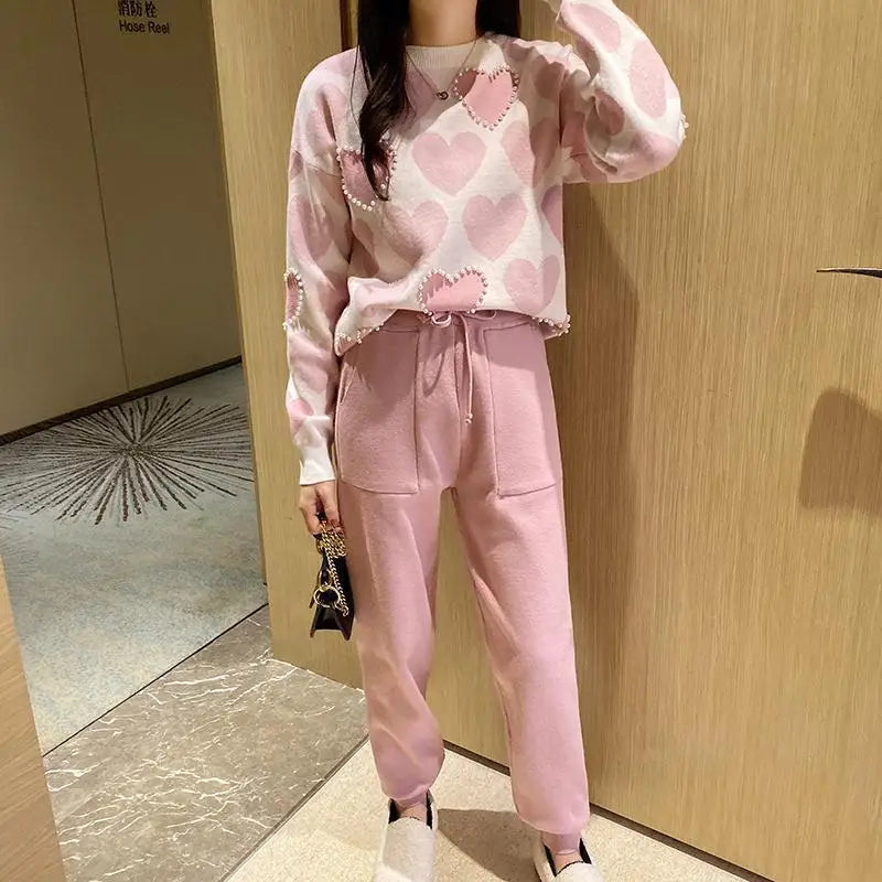 2024 Spring Autumn Women Casual Clothing Sets Pearls Love Heart Tops+Pants 2Pcs Suits Loose Tracksuit Ladies Fashion Outfits