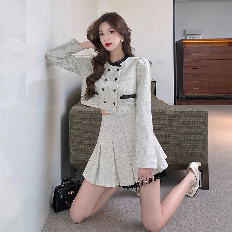 Women Tweed Korean Y2K Suit Double breasted Jacke Coat Crop Top Skirt Two Piece Set Outfit Winter Autumn Chic Elegant Clothing