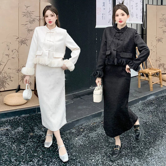 2024 Spring New Arrival Plus Size Women’s Clothing, New Chinese Style High-End Chic Top with Skirt Set for Women Female Girls