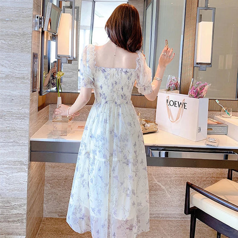 Summer White Chiffon Long Dress Casual Floral Party Dress Elegant Short Sleeve Fairy Dresses for Women Sweet Clothing 20044