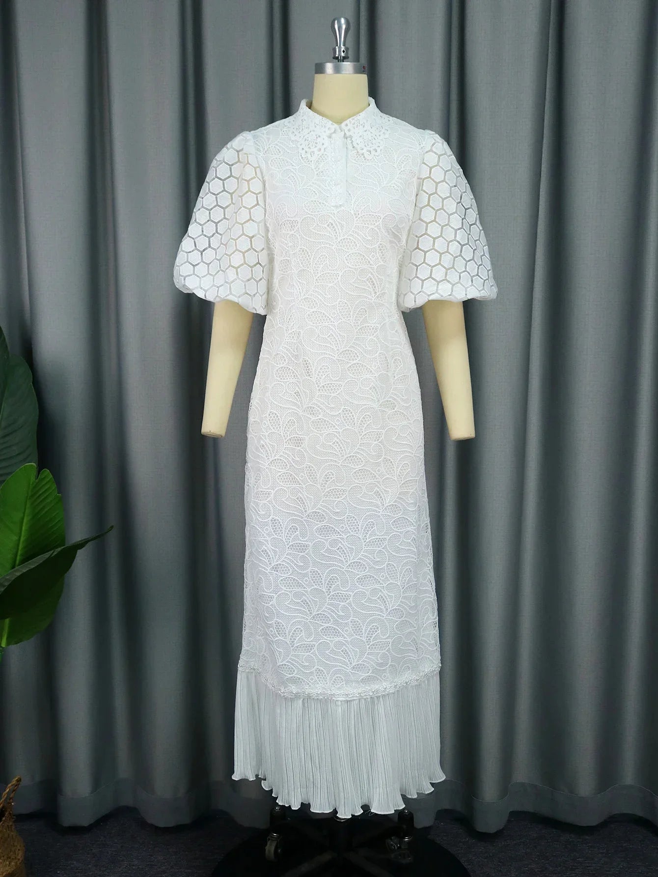 Vestidos de encaje blanco para mujer, invitados de boda, elegante, cuello vuelto, mangas abullonadas, dobladillo plisado, vestido Midi, ropa para ocasiones de lujo