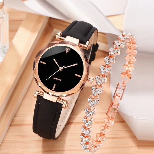 2 pièces de luxe mode femmes montre ensemble Bracelet en cuir PU dames Quartz montre-Bracelet strass or rose alliage Bracelet pour dames cadeau