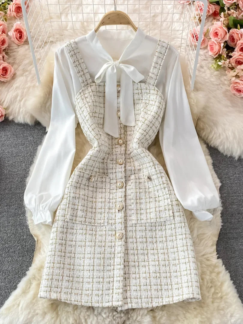 Ensemble deux pièces pour femmes, mode coréenne, col noué, chemisier blanc et bretelles Spaghetti, simple boutonnage, Mini robe en Tweed, 2023