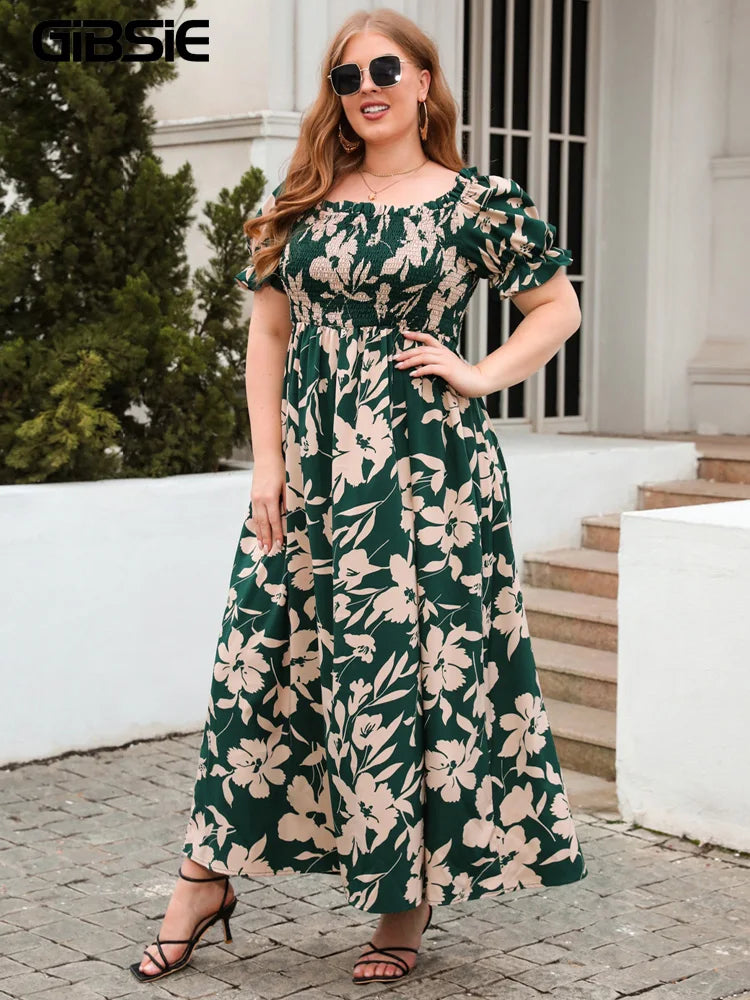 GIBSIE-vestido de talla grande con cuello cuadrado y estampado Floral, vestido de manga abombada para mujer, vestidos largos bohemios para vacaciones en la playa 2024