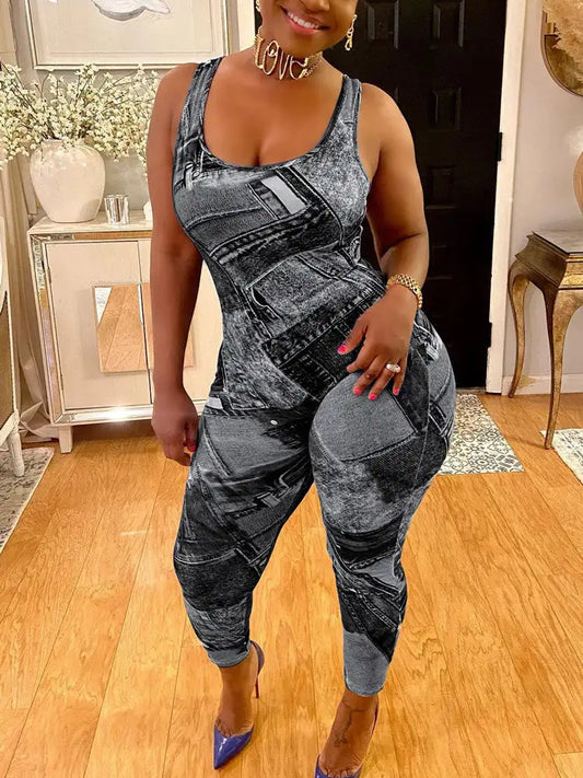 Women's Plus Size Denim Jumpsuit 5XL 2023 - Scoop Neck Slim Fit Medium Stretch Tank with Printed Design