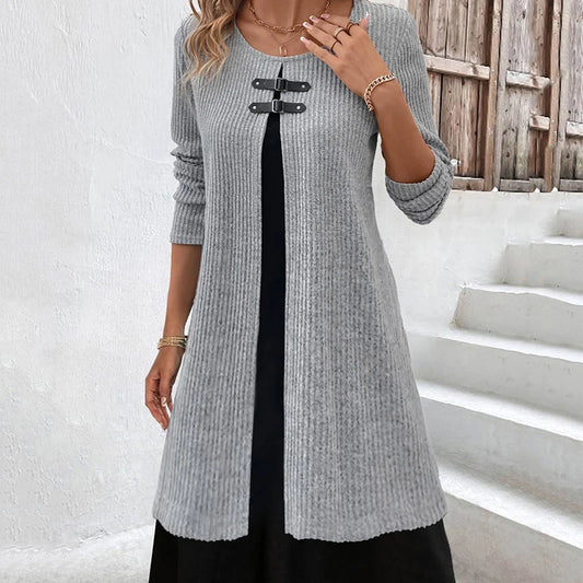 Woman Fake Two-Piece Long Sleeved Dress Plus Size Fashionable in Autumn Winter Versatile Knitted Knee Length Slim A-Line Dress