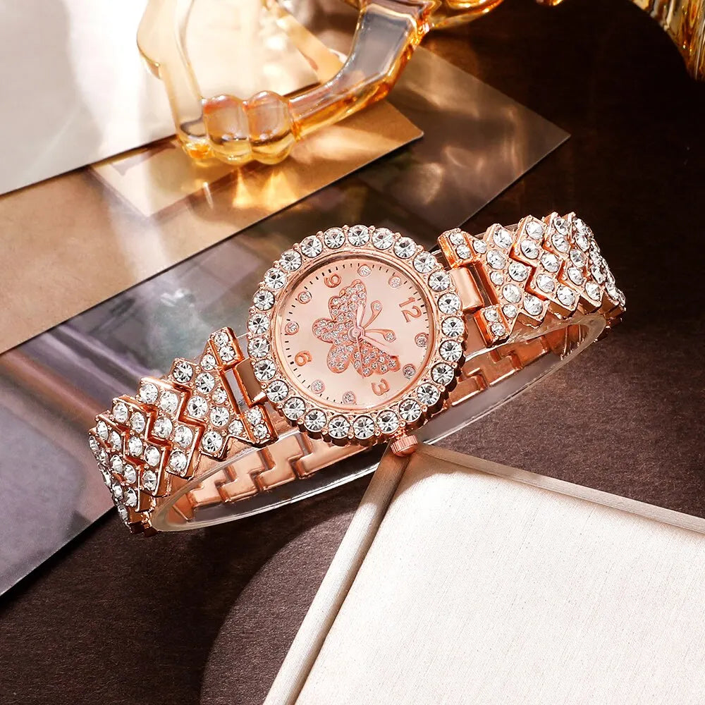 6 pièces ensemble de bijoux en or Rose montre de luxe femmes bague collier boucle d'oreille strass mode montre-bracelet décontracté dames montres