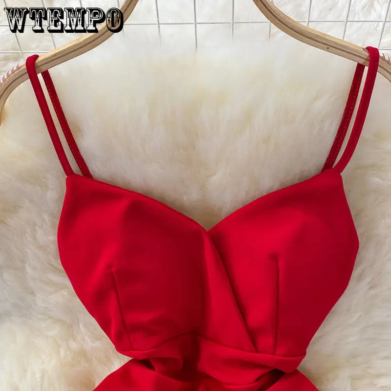 WTEMPO-vestido Sexy de verano para mujer, vestido rojo liso Irregular con envoltura en la cadera, Espalda descubierta, cuello en V, cintura alta, vestido de fiesta ajustado sin mangas