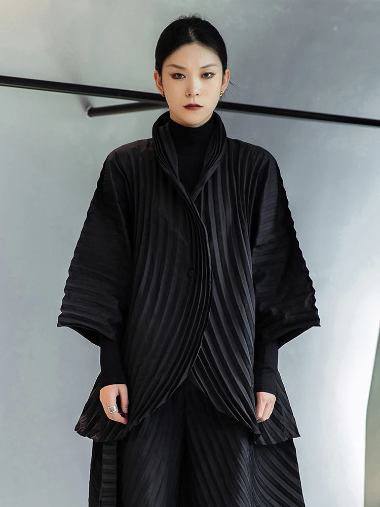 [EAM] Wide Leg Pants Pleated Two Piece Suit New Turtleneck Long Sleeve Black Loose Fit Women Fashion Spring Autumn 2024 1DE3064