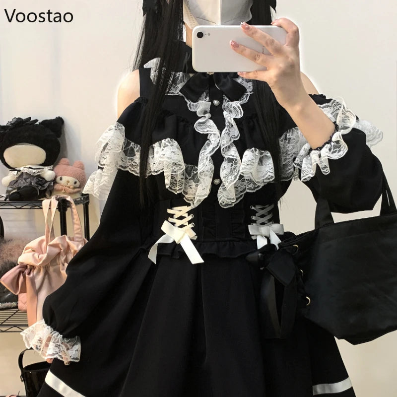 Y2k Lolita Style Blouses Women Fashion Kawaii Lace Mesh Ruffles Bowknot Off Shoulder Long Sleeve Shirt Gothic Girls Vintage Tops