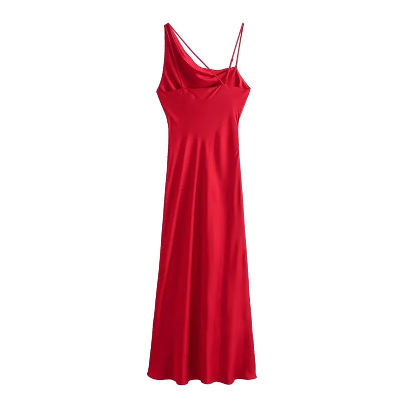 TRAF Red Satin Dress Woman Asymmetric Sleeveless Long Dress Women Summer Sexy Backless Evening Dresses Elegant Party Dresses