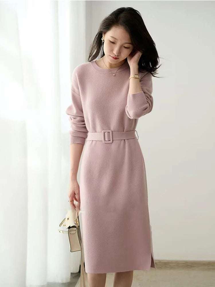 Robe tricotée mi-longue à col rond et manches longues pour femme, tenue de soirée élégante, rose, gris, ligne a, pull, collection automne hiver 2023