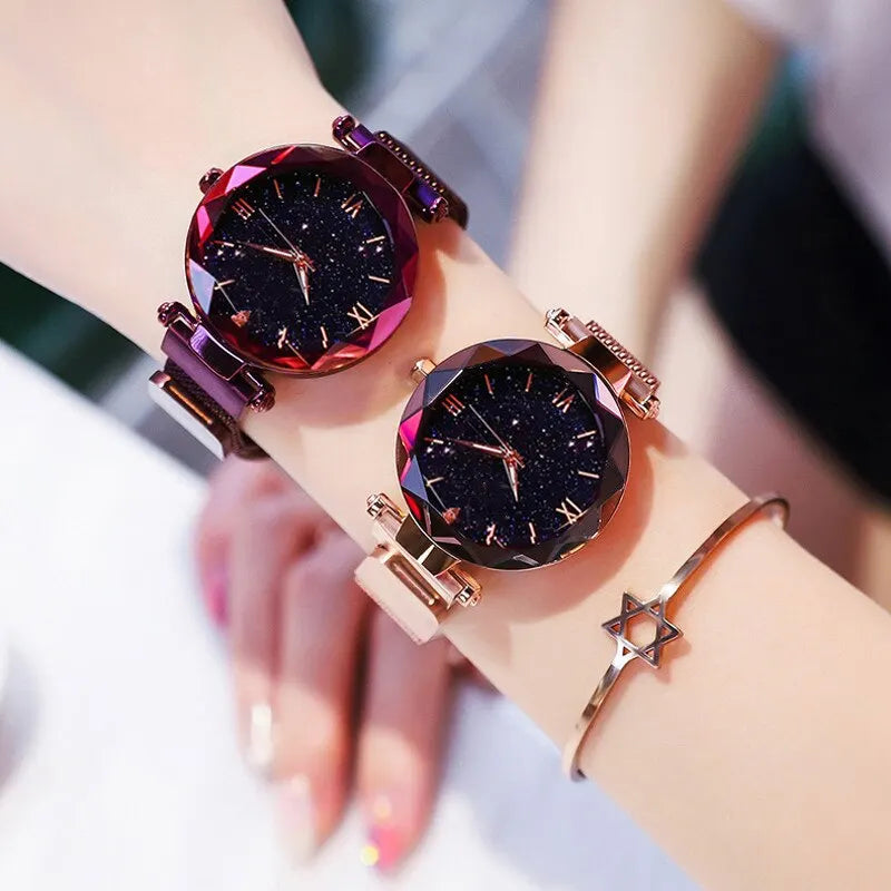 Relojes de cielo estrellado a la moda para mujer, hebilla magnética, cinturón de malla, reloj de cuarzo con diamantes, reloj de vestir para mujer