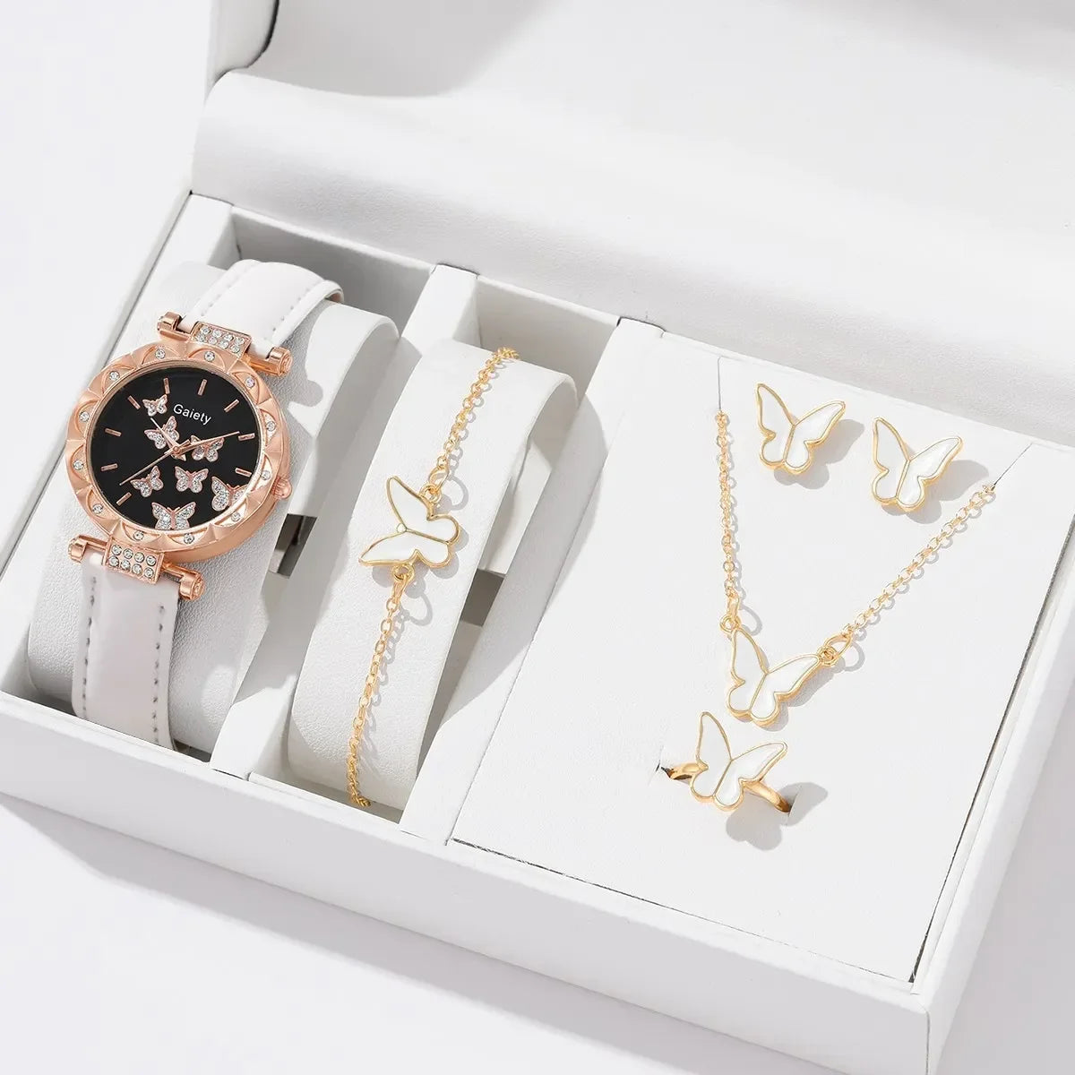 Conjunto de 6/1 Uds. De reloj para mujer, anillo, collar, pendientes, pulsera, relojes, correa de cuero de mariposa, reloj de pulsera de cuarzo para mujer (sin caja)