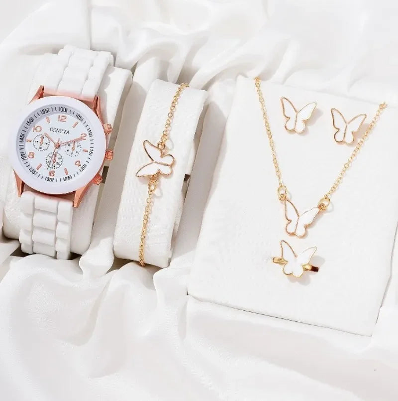 Conjunto de 5/2 Uds. De reloj de lujo para mujer, anillo, collar, pendientes, reloj de pulsera con diamantes de imitación, relojes informales para mujer, reloj de pulsera (sin caja)