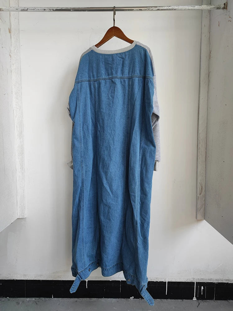 [EWQ] nouveau Design lettre imprimée contraste couleur décontracté col rond lanterne manches épissure Denim robe pull femme 2023 automne 16Y3673