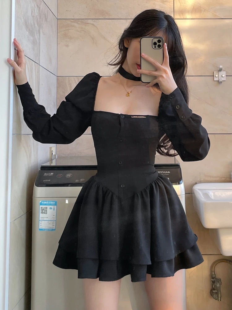 Conjunto de falda negra Vintage de 3 piezas para mujer, minifalda Sexy Lolita Y2k, traje informal coreano de moda de manga larga, conjunto Retro 2023