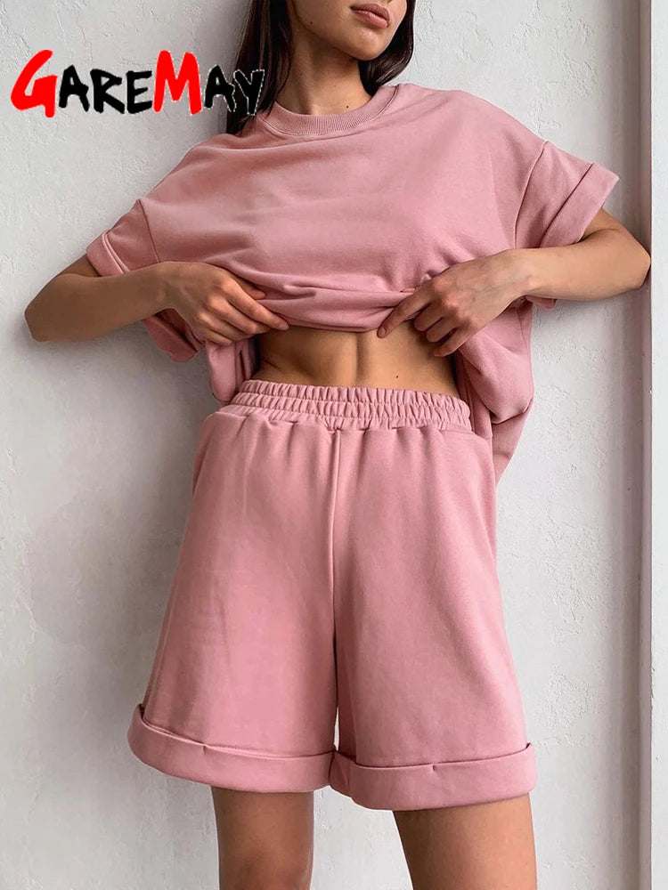 Green Suit Shorts with T-shirt for Women and Top Loose Oversize 100% Cotton Summer Two Piece Set Women Classic Tracksuit Casual